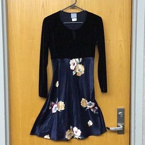 Navy satin with velvet bodice.